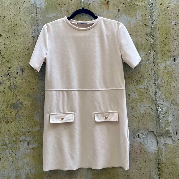 Zara Shift Dress Ecru Faux Suede Chic Mini Women's Size Small - Picture 3 of 14